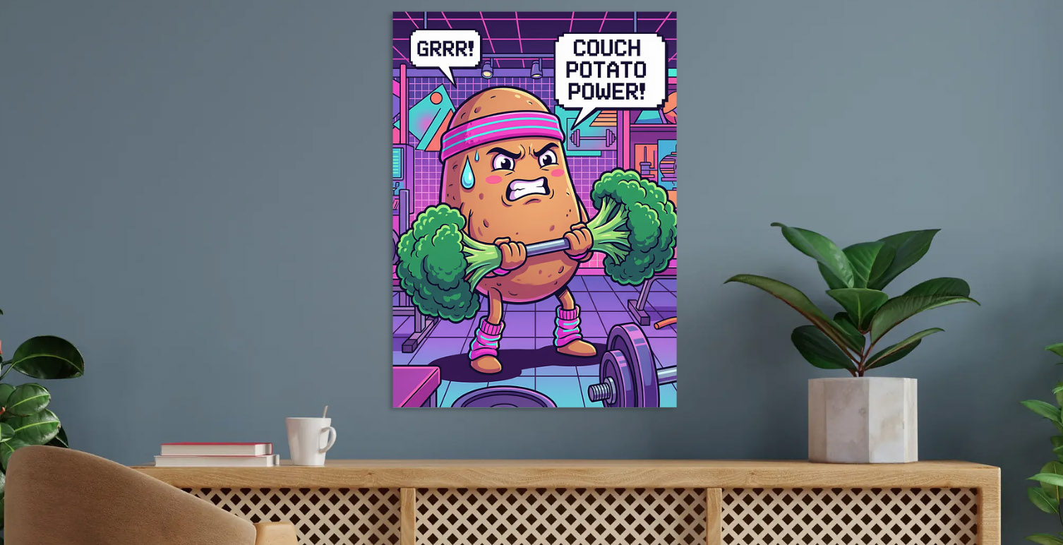 Potato Lifting Broccoli in Retro Gym — metal poster wall art by Lineer